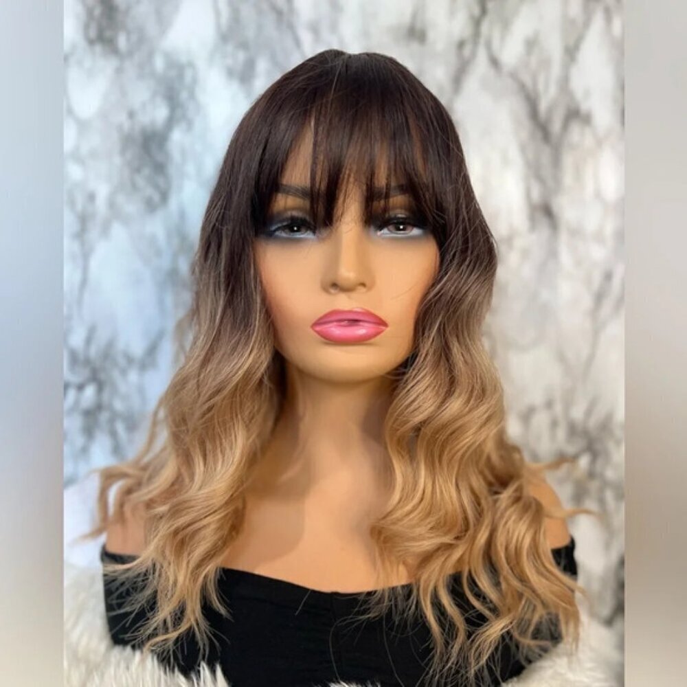 16 Inch ombre Brown To Honey Blonde wave Short Wig for Daily Use Natural